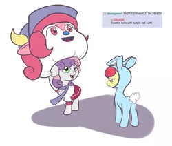 Size: 666x566 | Tagged: 4chan, apple bloom, buffalo bell, bunny bloom, bunny costume, clothes, cute, derpibooru import, floppy ears, frown, open mouth, outfit, safe, school uniform, smiling, sweetie belle, unamused