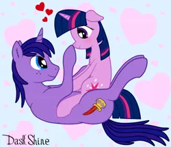 Size: 900x771 | Tagged: safe, artist:daskshine, derpibooru import, twilight sparkle, oc, oc:dask shine, oc:twilight night-shine, canon x oc, chest fluff, fluffy, heart, heart eyes, shipping, wingding eyes, young, younger