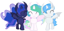 Size: 6000x2900 | Tagged: safe, artist:magister39, derpibooru import, princess celestia, princess luna, oc, oc:white flare, alicorn, bat pony, bat pony alicorn, pony, absurd resolution, alicorn oc, batlestia, celestibat, cewestia, eyes closed, filly, grin, lunabat, race swap, raised hoof, simple background, smiling, sunbat, transparent background, vector, waving, woona