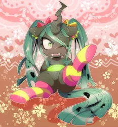 Size: 1000x1071 | Tagged: alternate hairstyle, artist:naoki, bow, clothes, cute, cutealis, derpibooru import, eye clipping through hair, fangs, featureless crotch, hair bow, one eye closed, pigtails, queen chrysalis, safe, socks, solo, striped socks, twintails