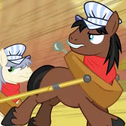 Size: 555x555 | Tagged: safe, derpibooru import, screencap, full steam, john bull, promontory, earth pony, pony, over a barrel, background pony, bandana, blank flank, cropped, duo, hat, horse collar, looking back, male, speed lines, stallion