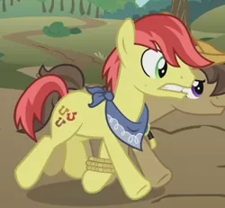 Size: 343x317 | Tagged: safe, derpibooru import, screencap, happy trails, prairie tune, earth pony, pony, apple family reunion, apple family member, background pony, bandana, cropped, duo, male, running, seven-legged race, stallion