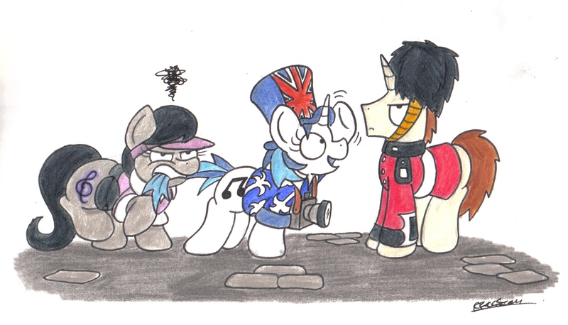 Size: 2413x1380 | Tagged: safe, artist:bobthedalek, derpibooru import, octavia melody, vinyl scratch, oc, earth pony, pony, unicorn, annoyed, backwards cutie mark, camera, clothes, female, guard, hat, male, shirt, tail bite, top hat, tourist, union jack, waving