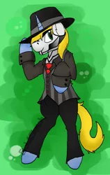 Size: 684x1080 | Tagged: safe, artist:etch a sketch, derpibooru import, oc, oc:rush, unofficial characters only, pony, unicorn, bipedal, clothes, cosplay, digital art, fedora, hat, necktie, smiling, solo, standing, steam powered giraffe, suit, the spine