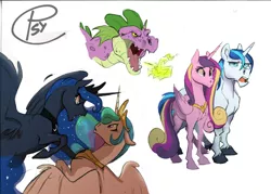 Size: 920x660 | Tagged: angry, artist:psychoon, derpibooru import, eye contact, floppy ears, frown, glare, hoers, mr. horse, open mouth, princess cadance, princess celestia, princess luna, raised hoof, safe, shining armor, sketch dump, spike, spikezilla, spread wings, unamused