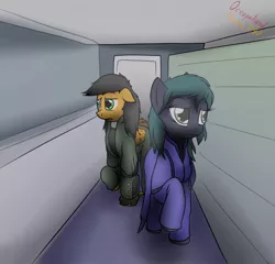 Size: 1280x1229 | Tagged: safe, artist:the-furry-railfan, derpibooru import, oc, oc:elder quazar, oc:twintails, unofficial characters only, earth pony, pegasus, pony, fallout equestria, fallout equestria: occupational hazards, bunker, clothes, corridor, indoors, pipbuck, steel ranger, steel rangers, story