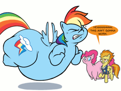 Size: 540x405 | Tagged: suggestive, artist:paupoepic, derpibooru import, pinkie pie, rainbow dash, spitfire, earth pony, pegasus, pony, angry, animated, belly, fat, funny, impossibly large butt, impossibly wide hips, jiggle, morbidly obese, obese, out of shape, piggy pie, plot, pudgy pie, rainblob dash, simple background, struggle, struggling, wide hips