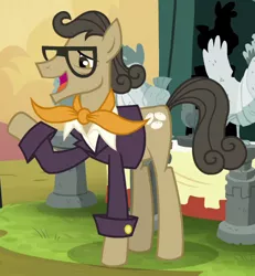 Size: 526x570 | Tagged: safe, derpibooru import, screencap, chicken stand pony, match game, earth pony, pony, trade ya, background pony, cropped, glasses, male, neckerchief, open mouth, raised hoof, solo, stallion