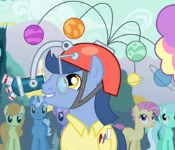 Size: 767x657 | Tagged: safe, derpibooru import, screencap, candy mane, carrot top, golden harvest, lyra heartstrings, pokey pierce, rainbowshine, pony, simple ways, astro pony, background pony, cropped, male, neptunio, planetary bob, stallion, telescope