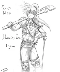 Size: 720x864 | Tagged: artist:figgot, derpibooru import, engineer, goggles, monochrome, safe, solo, sonata dusk, steampunk, wrench