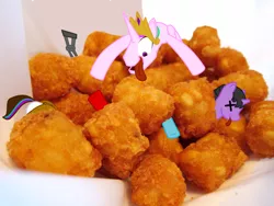 Size: 1024x768 | Tagged: safe, artist:manlyman95, derpibooru import, alicorn, pony, crushed, food, open mouth, rule 63, silly, smiling, tater tots, tongue out, wat