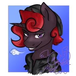 Size: 1500x1500 | Tagged: safe, artist:mixed media, derpibooru import, oc, oc:savoir strut, unofficial characters only, pony, unicorn, beanie, bedroom eyes, clothes, colored, cute, digital art, fashion, grin, handsome, hat, looking at you, male, portrait, smirk, stallion, winter