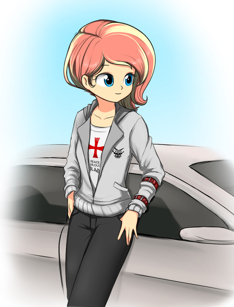 Size: 833x1092 | Tagged: safe, artist:twilite-sparkleplz, derpibooru import, oc, oc:sunglow, unofficial characters only, equestria girls, car, knights templar, magical lesbian spawn, offspring, parent:fluttershy, parent:sunset shimmer, parents:sunshyne, solo