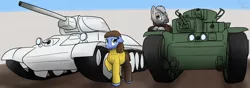 Size: 1280x452 | Tagged: safe, artist:the-furry-railfan, derpibooru import, oc, oc:caution tape, oc:rolling tracks, unofficial characters only, earth pony, pony, zebra, fallout equestria, fallout equestria: empty quiver, fallout equestria: occupational hazards, clothes, t-34, t-35, tank (vehicle)