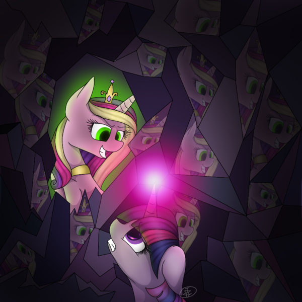 Size: 1000x1000 | Tagged: a canterlot wedding, artist:partycannoninc, changeling, crystal caverns, derpibooru import, disguise, disguised changeling, fake cadance, princess cadance, queen chrysalis, safe, scene interpretation, twilight sparkle