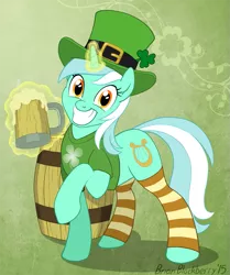 Size: 693x827 | Tagged: safe, artist:brianblackberry, derpibooru import, lyra heartstrings, bottomless, clothes, grin, hat, levitation, looking at you, magic, mug, partial nudity, raised hoof, saint patrick's day, shirt, smiling, socks, solo, striped socks