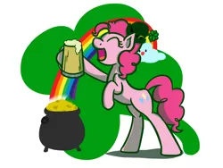 Size: 1280x960 | Tagged: safe, artist:flutterluv, derpibooru import, pinkie pie, earth pony, pony, cider, clover, cup, eyes closed, four leaf clover, gold, hat, hoof hold, mug, pot, pot of gold, rainbow, rearing, saint patrick's day, smiling, solo