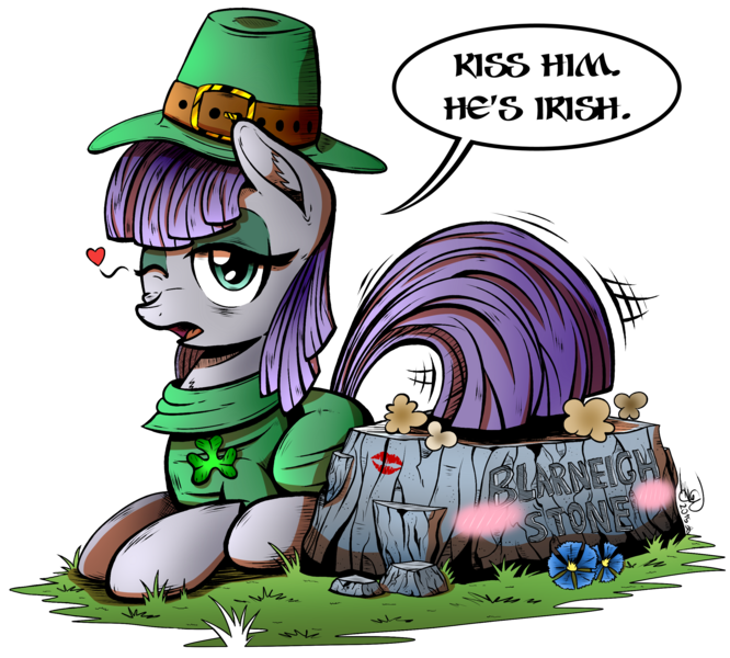 Size: 2537x2285 | Tagged: safe, artist:gray--day, derpibooru import, maud pie, earth pony, pony, blarney stone, clothes, female, hat, heart, mare, saint patrick's day, solo, wink