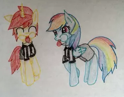 Size: 479x377 | Tagged: safe, artist:rainbowrules, derpibooru import, rainbow dash, oc, oc:crimson azure, blowing, crimsondash, cute, dashabetes, female, male, puffy cheeks, rainblow dash, rainbow dashs coaching whistle, referee, request, straight, traditional art, whistle