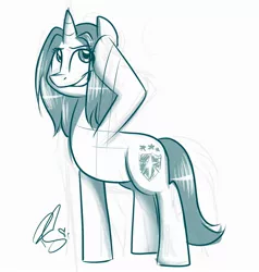 Size: 1900x2000 | Tagged: artist:riquis101, derpibooru import, gleaming shield, monochrome, rule 63, safe, salute, shining armor, simple background, solo