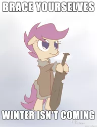 Size: 515x671 | Tagged: a song of ice and fire, derpibooru import, eddard stark, exploitable meme, game of thrones, hilarious in hindsight, meme, safe, scootaloo, solo, tanks for the memories, winter is coming, winter isn't coming, winter may or may not be coming
