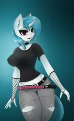 Size: 802x1303 | Tagged: anthro, artist:ninjapony, breasts, busty vinyl scratch, clothes, collar, derpibooru import, female, fingerless gloves, fishnets, gloves, jeans, midriff, solo, solo female, suggestive, tight clothing, torn clothes, torn jeans, underass, vinyl scratch
