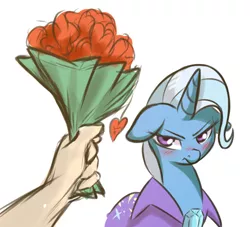 Size: 914x831 | Tagged: safe, artist:mostazathy, derpibooru import, trixie, human, pony, unicorn, :t, blushing, bouquet, clothes, disembodied hand, female, floppy ears, flower, frown, glare, heart, mare, rose, scrunchy face, simple background, tsundere, tsunderixie, white background