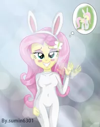 Size: 1932x2448 | Tagged: suggestive, artist:sumin6301, derpibooru import, fluttershy, equestria girls, bedroom eyes, bodysuit, bunny costume, bunny ears, clothes, gameloft, looking at you, skintight clothes, solo