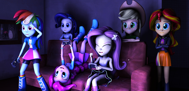 Size: 4646x2250 | Tagged: safe, artist:flare-chaser, derpibooru import, applejack, fluttershy, pinkie pie, rainbow dash, rarity, sunset shimmer, equestria girls, 3d, controller, couch, game, gaming, group, losing, source filmmaker, winning