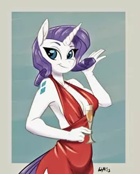 Size: 1088x1354 | Tagged: alcohol, alternative cutie mark placement, anthro, armpits, artist:hobbsmeerkat, breasts, champagne, cleavage, clothes, derpibooru import, dress, female, glass, rarity, sideboob, solo, suggestive