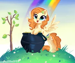 Size: 1280x1090 | Tagged: safe, artist:spookyle, derpibooru import, oc, oc:charming poem, unofficial characters only, pegasus, pony, clover, female, flower, four leaf clover, freckles, irish, mare, meadow, open mouth, pot of gold, rainbow, saint patrick's day, smiling, solo, tree