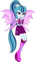 Size: 1724x3000 | Tagged: safe, artist:doctor-g, derpibooru import, sonata dusk, equestria girls, rainbow rocks, boots, clothes, cute, fin wings, fingerless gloves, floating, gloves, high heel boots, open mouth, ponied up, pony ears, ponytail, simple background, smiling, solo, sonatabetes, sparkles, transparent background, vector, wings