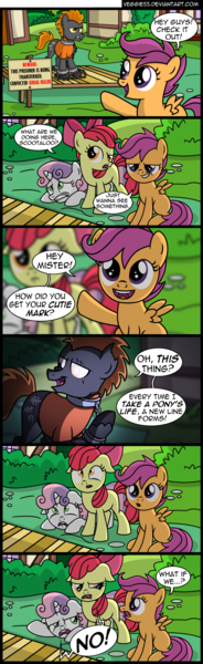 Size: 800x2603 | Tagged: apple bloom, artist:veggie55, comic, cutie mark crusaders, dark comedy, derpibooru import, murderer, oc, prisoner, scar, scared, scootaloo, semi-grimdark, serial killer, sign, sweetie belle, tally marks