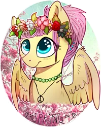 Size: 669x840 | Tagged: alternate hairstyle, artist:freckledbastard, derpibooru import, floral head wreath, flower, fluttershy, necklace, peace symbol, ponytail, safe, solo