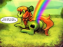Size: 960x720 | Tagged: suggestive, artist:lumineko, derpibooru import, oc, oc:goldpot, unofficial characters only, female, freckles, hat, looking at you, looking back, open mouth, plot, pot of gold, prone, rainbow, saint patrick's day, shamrock, smiling, solo, solo female