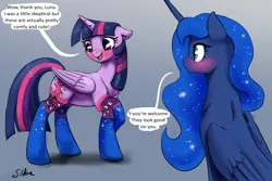 Size: 3000x2000 | Tagged: suggestive, artist:silfoe, derpibooru import, princess luna, twilight sparkle, twilight sparkle (alicorn), alicorn, pony, royal sketchbook, :o, blushing, clothes, cute, eyes on the prize, female, floppy ears, lesbian, lunabetes, mare, open mouth, raised hoof, shipping, smiling, socks, twiabetes, twiluna, wide eyes