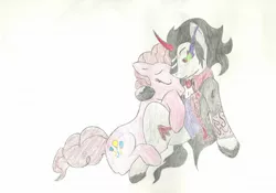 Size: 2049x1431 | Tagged: safe, artist:note-sketch, derpibooru import, king sombra, pinkie pie, earth pony, pony, unicorn, clothes, eyes closed, female, male, mare, shipping, simple background, sombra eyes, sombrapie, stallion, straight, traditional art, white background