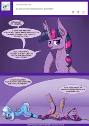 Size: 700x991 | Tagged: suggestive, artist:deusexequus, derpibooru import, trixie, twilight sparkle, twilight sparkle (alicorn), alicorn, pony, unicorn, ask the princess of friendship with benefits, 2 panel comic, arm behind back, ballgag, blushing, bondage, bound wings, box tied, clothes, comic, cuffs, female, femdom, femsub, gag, horn ring, lesbian, magic suppression, mare, on back, paddle, panties, riding crop, rope, shipping, submissive, the weak and powerless trixie, tied up, twixie, underwear