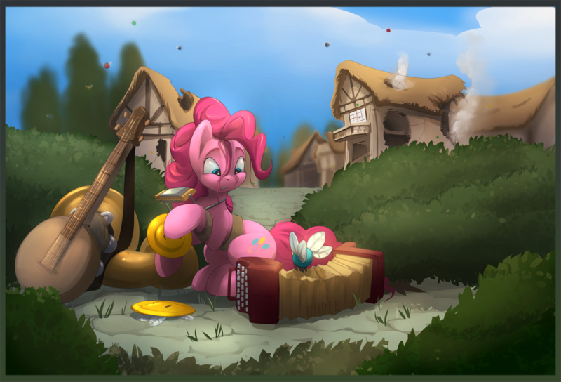 Size: 1588x1080 | Tagged: safe, artist:noben, derpibooru import, pinkie pie, earth pony, parasprite, pony, swarm of the century, accordion, banjo, cottage, cymbals, female, harmonica, mare, musical instrument, one-pony band, ponyville, sousaphone, tambourine, tree, tuba