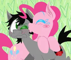 Size: 650x550 | Tagged: artist:alittleofsomething, blushing, crossover shipping, dan, dan pie, dan vs, derpibooru import, fanfic art, female, kissing, lineless, male, pinkiedan, pinkie pie, ponified, safe, shipping, straight, the wheel and the butterfly saga