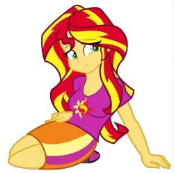 Size: 2600x2589 | Tagged: suggestive, artist:discorded-joker, derpibooru import, sunset shimmer, equestria girls, rainbow rocks, breasts, busty sunset shimmer, cleavage, female, sexy, simple background, sitting, solo, transparent background
