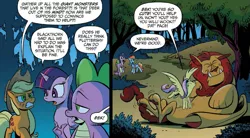 Size: 1245x687 | Tagged: safe, artist:andypriceart, derpibooru import, idw, applejack, fluttershy, spike, twilight sparkle, twilight sparkle (alicorn), alicorn, dragon, earth pony, manticore, pegasus, pony, spoiler:comic, spoiler:comic28, comic, cropped, everfree forest, female, male, mare, official comic, speech bubble