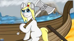 Size: 1920x1076 | Tagged: safe, artist:storm chaser, derpibooru import, oc, oc:jikton, unofficial characters only, earth pony, pony, axe, battle axe, boat, norse pony, viking