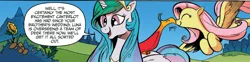 Size: 1400x345 | Tagged: safe, derpibooru import, idw, fluttershy, philomena, princess celestia, alicorn, pegasus, pony, spoiler:comic, spoiler:comic28, beep, boop, cute, eyes closed, flying, noseboop, nuzzling, open mouth, shyabetes, smiling, speech bubble, spread wings, wings