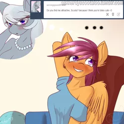 Size: 2000x2000 | Tagged: suggestive, artist:silverfox057, derpibooru import, scootaloo, silver spoon, anthro, earth pony, pegasus, ask nerdy scootaloo, ..., ask, blushing, breasts, cleavage, clothes, female, lesbian, off shoulder, spoonaloo, tumblr