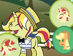 Size: 1296x988 | Tagged: safe, artist:mylittlepon3lov3, derpibooru import, applejack, flam, flim, oc, oc:goldspur hoedown, pony, unicorn, clothes, female, flim flam brothers, flimjack, hat, male, mare, offspring, parent:applejack, parent:flim, parents:flimjack, shipping, straight, unamused