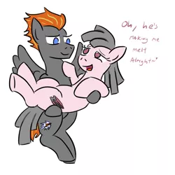 Size: 893x893 | Tagged: safe, artist:jargon scott, derpibooru import, oc, oc:jet fuel, oc:steel beams, unofficial characters only, earth pony, pegasus, pony, 9/11, 9/11 joke, bedroom eyes, carrying, dialogue, female, flying, holding a pony, jet beams, jet fuel can't melt steel beams, male, open mouth, shipping, smiling, straight