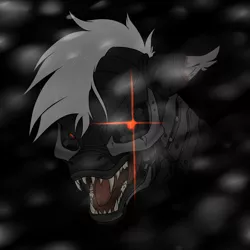 Size: 894x894 | Tagged: semi-grimdark, artist:slouping, derpibooru import, oc, unofficial characters only, bat pony, cyborg, pony, fallout equestria, fangs, glowing eyes, looking at you, metal, open mouth, scar, sharp teeth, snow, snowfall, solo