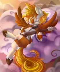 Size: 2261x2700 | Tagged: safe, artist:knifeh, derpibooru import, oc, oc:khaos sparkz, unofficial characters only, pegasus, pony, equine, guitar, my little pony, pinto, relaxed, solo
