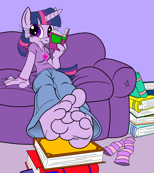 Size: 819x922 | Tagged: anthro, artist:ced75, artist:kuroi-wolf, barefoot, book, clothes, derpibooru import, feet, fetish, foot fetish, looking at you, plantigrade anthro, safe, socks, soles, striped socks, twilight sparkle